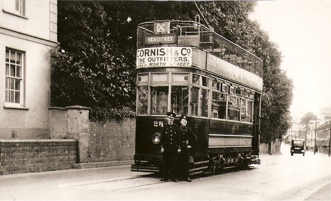 An electric tram at Cross Park, Heavitree