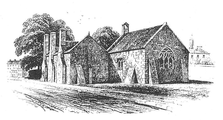 The sixteenth century almshouses at Livery Dole alongside St Clare's Chapel in 1850