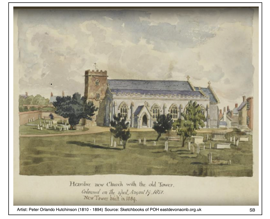 Painting of Heavitree Parish Church in 1857 showing the rebuilt church alongside the older tower (Courtesy: Stephen Bees)