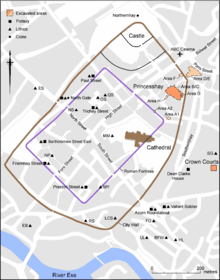 Location of early Roman Exeter + the walls added in AD 200